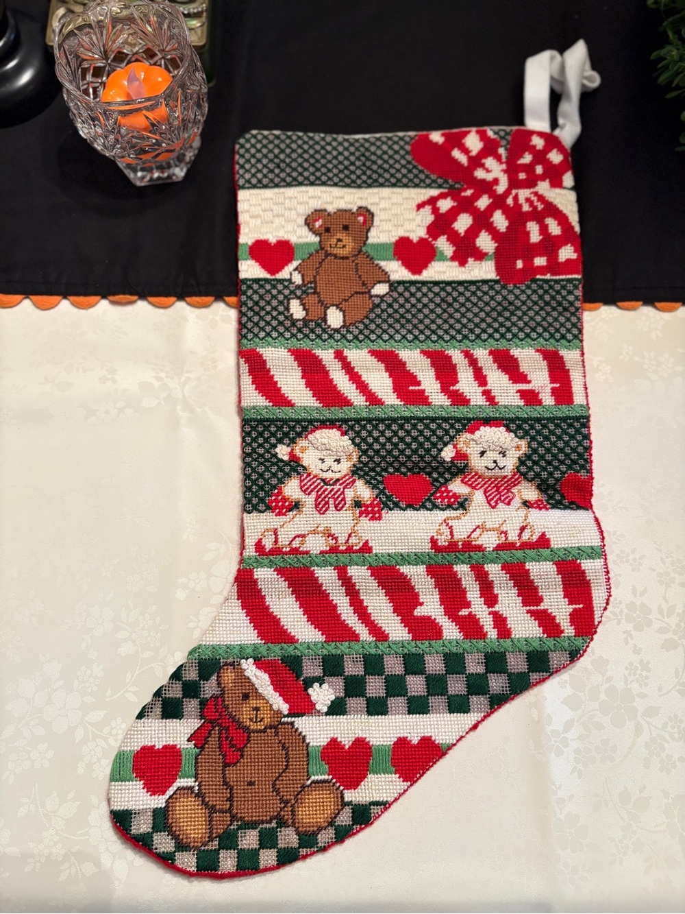 Handcrafted Needlepoint Christmas Stocking Teddy Bears Lambs Candy Cane Holiday